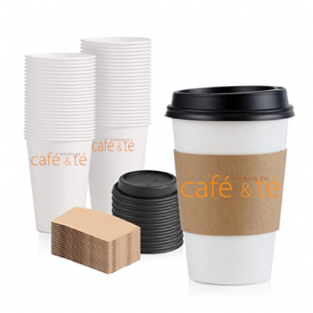 Combo de 50 Vasos Desechables para Cafe Blanco de 16 Oz con Tapa